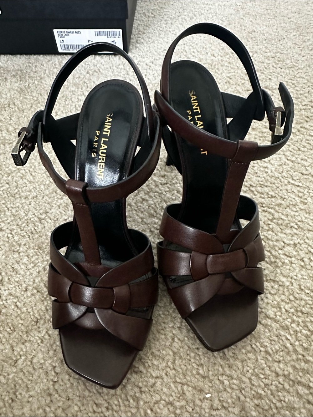Authentic Saint Laurent Tribute T-Strap Leather Sandals Heels Brown Size 37 - Picture 12 of 13